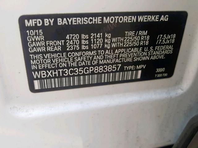 WBXHT3C35GP883857 - 2016 BMW X1 XDRIVE2 WHITE photo 10