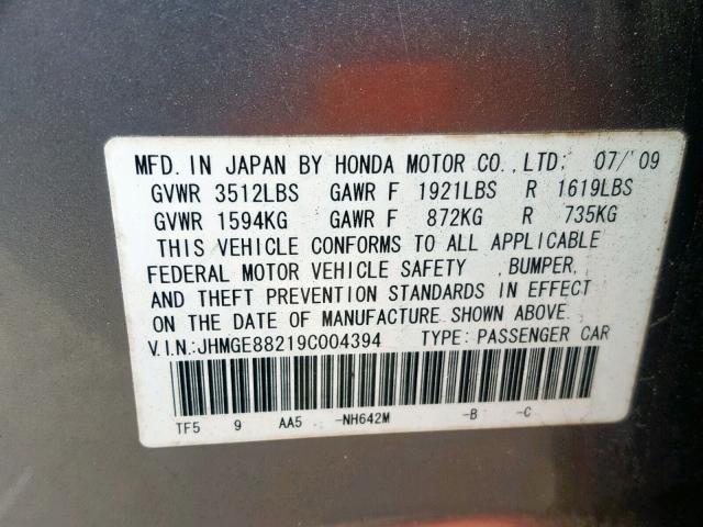 JHMGE88219C004394 - 2009 HONDA FIT GRAY photo 10