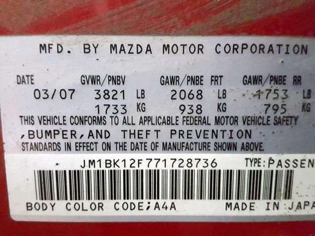 JM1BK12F771728736 - 2007 MAZDA 3 I RED photo 10