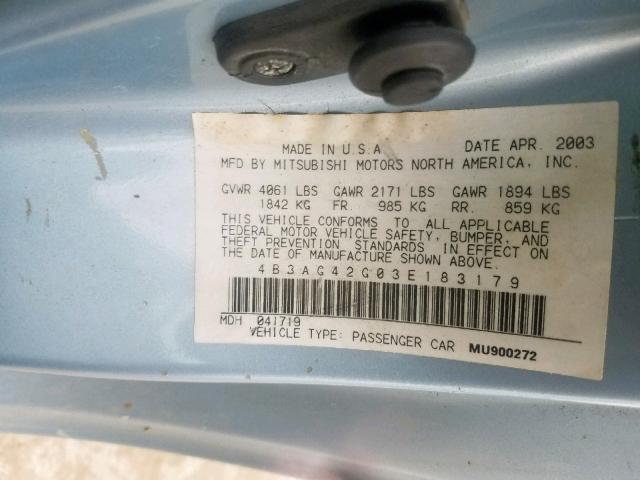 4B3AG42G03E183179 - 2003 DODGE STRATUS SE BLUE photo 10