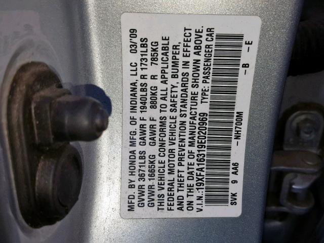 19XFA16319E020969 - 2009 HONDA CIVIC VP SILVER photo 10