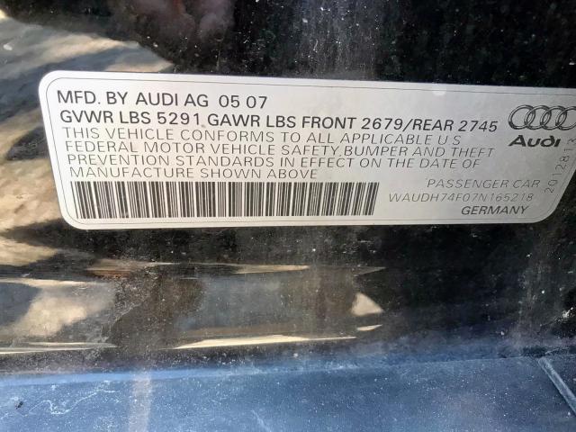 WAUDH74F07N165218 - 2007 AUDI A6 3.2 QUA BLACK photo 9