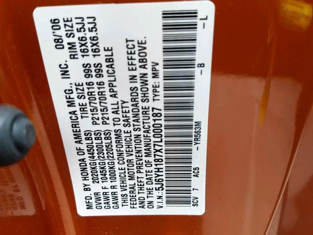 5J6YH187X7L000187 - 2007 HONDA ELEMENT EX ORANGE photo 10