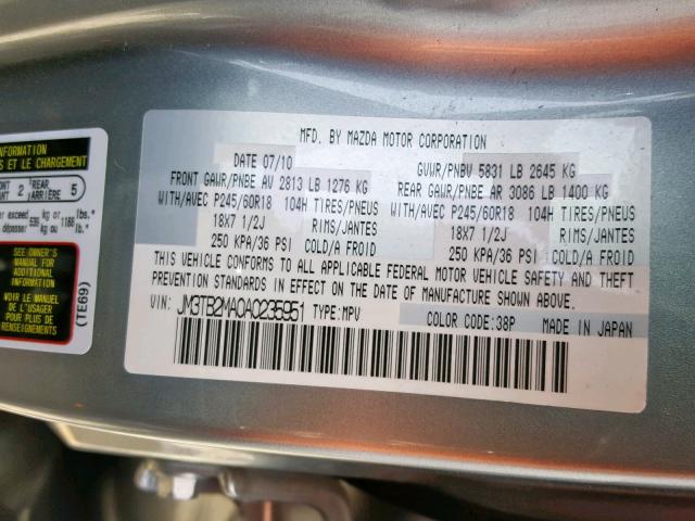 JM3TB2MA0A0235951 - 2010 MAZDA CX-9 SILVER photo 10