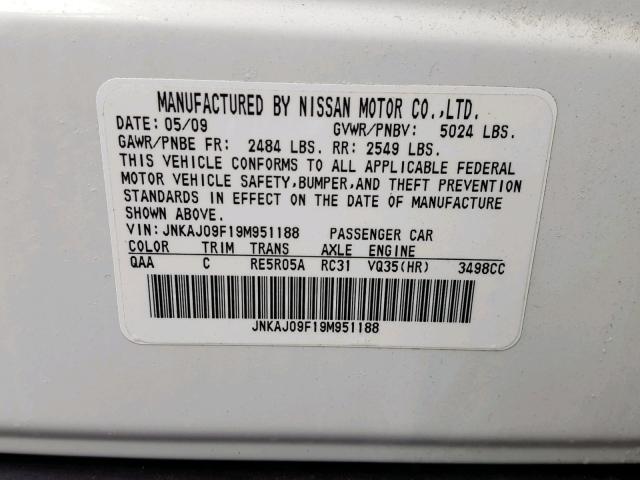 JNKAJ09F19M951188 - 2009 INFINITI EX35 BASE WHITE photo 10