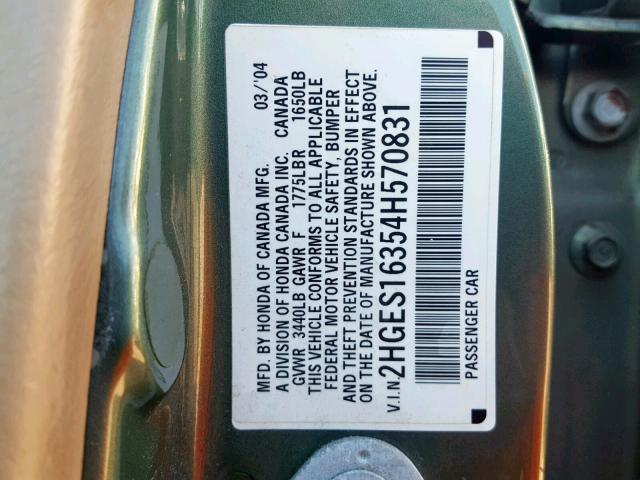 2HGES16354H570831 - 2004 HONDA CIVIC DX V GREEN photo 10