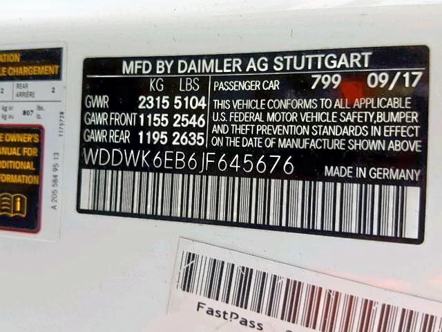 WDDWK6EB6JF645676 - 2018 MERCEDES-BENZ C 43 4MATI WHITE photo 10