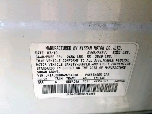 JN1AJ0HR8AM754958 - 2010 INFINITI EX35 BASE WHITE photo 10
