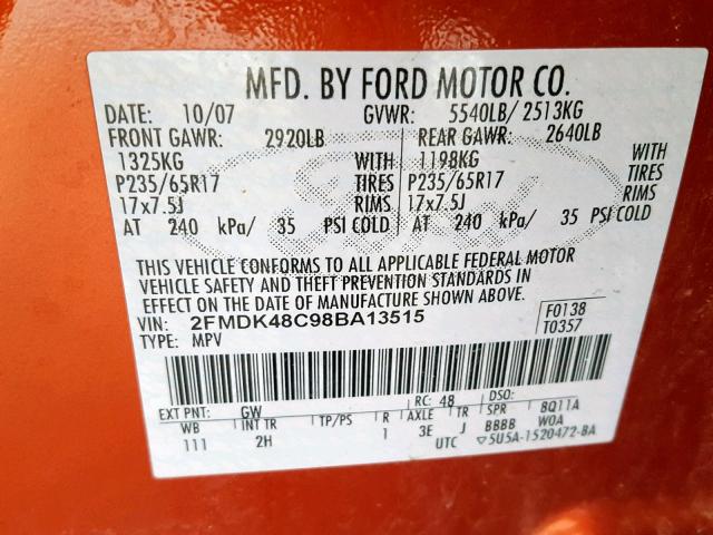 2FMDK48C98BA13515 - 2008 FORD EDGE SEL ORANGE photo 10