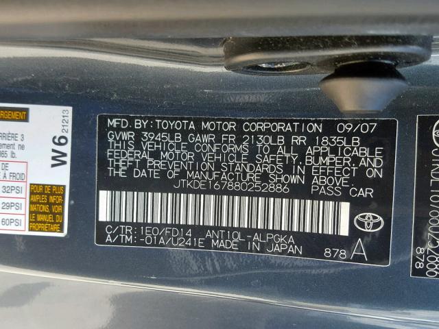JTKDE167880252886 - 2008 TOYOTA SCION TC ნაცრისფერი ფოტო 10