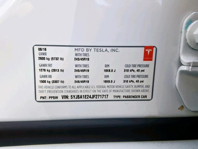 5YJSA1E24JF271717 - 2018 TESLA MODEL S WHITE photo 10