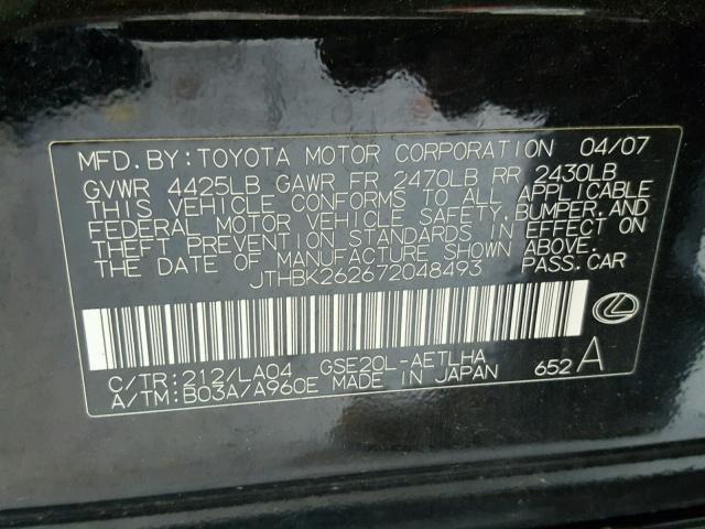 JTHBK262672048493 - 2007 LEXUS IS 250 BLACK photo 10