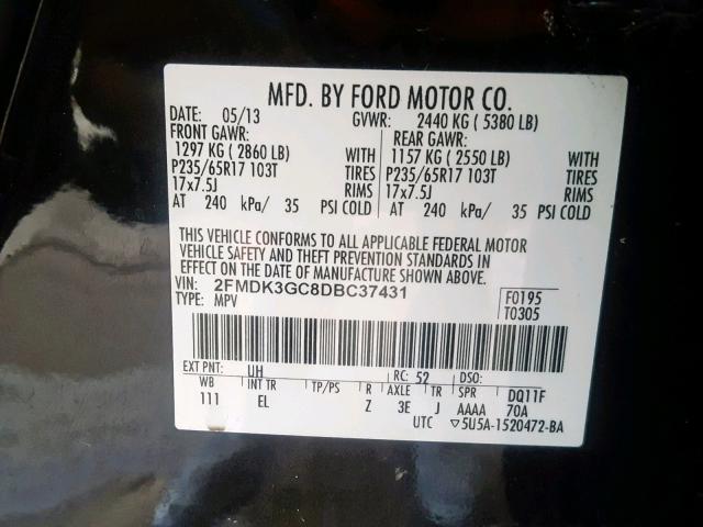 2FMDK3GC8DBC37431 - 2013 FORD EDGE SE BLACK photo 10