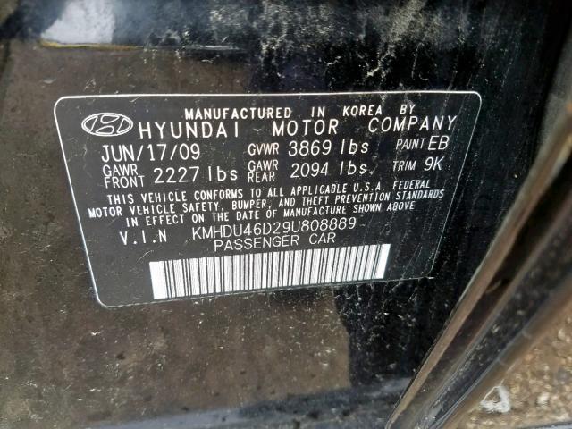 KMHDU46D29U808889 - 2009 HYUNDAI ELANTRA GL BLACK photo 10