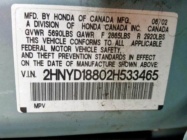 2HNYD18802H533465 - 2002 ACURA MDX TOURIN BLUE photo 10