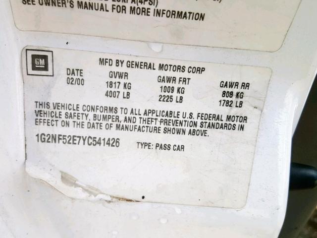 1G2NF52E7YC541426 - 2000 PONTIAC GRAND AM S WHITE photo 10