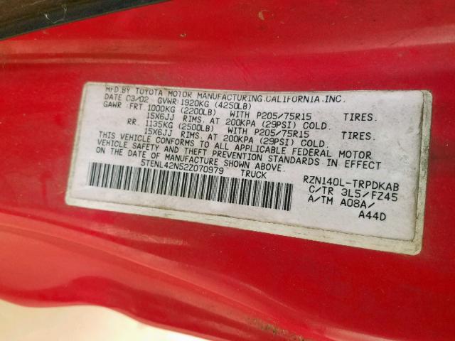 5TENL42N52Z070979 - 2002 TOYOTA TACOMA RED photo 10