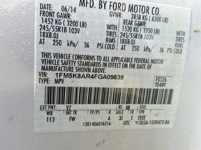 1FM5K8AR4FGA09839 - 2015 FORD EXPLORER P WHITE photo 10