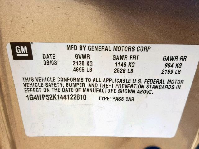 1G4HP52K144122810 - 2004 BUICK LESABRE CU BEIGE photo 10