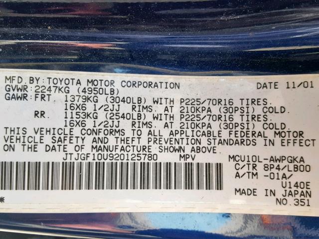 JTJGF10U920125780 - 2002 LEXUS RX 300 BLUE photo 10