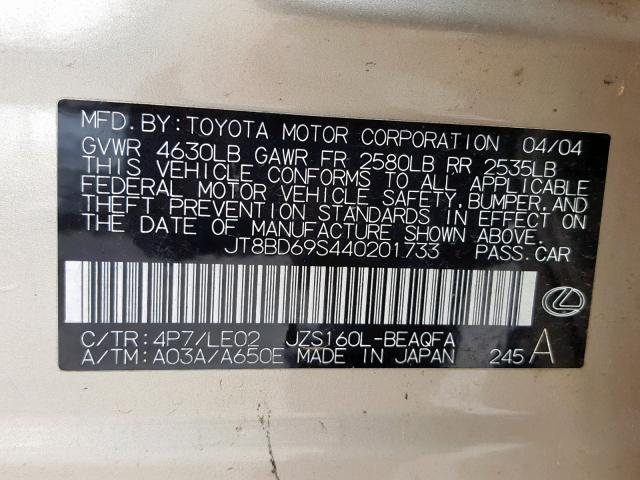 JT8BD69S440201733 - 2004 LEXUS GS 300 GOLD photo 10