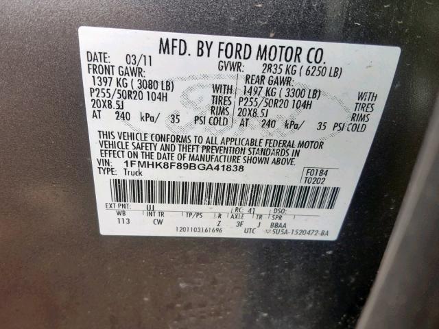 1FMHK8F89BGA41838 - 2011 FORD EXPLORER L GRAY photo 10