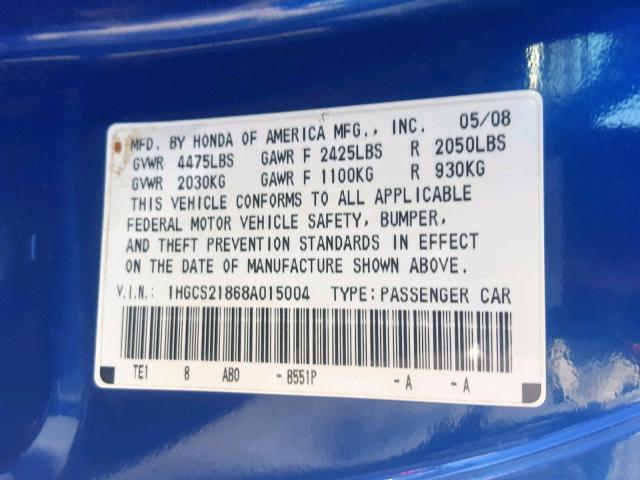 1HGCS21868A015004 - 2008 HONDA ACCORD EXL BLUE photo 10