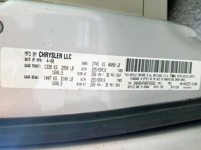 2A8HR54P08R763563 - 2008 CHRYSLER TOWN & COU SILVER photo 10