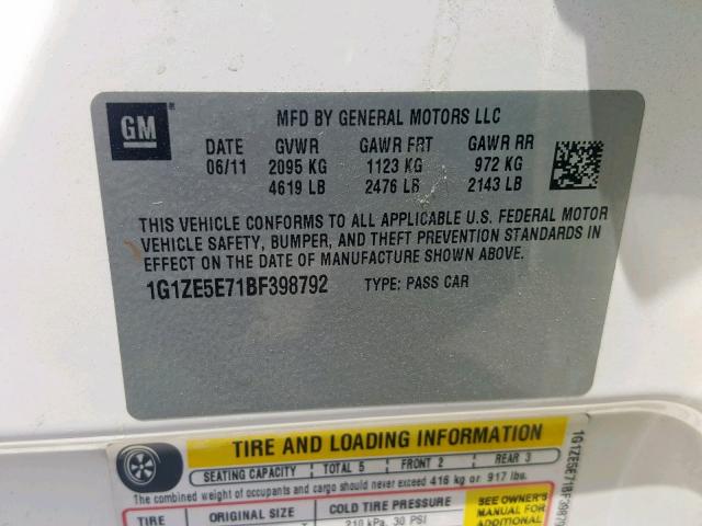 1G1ZE5E71BF398792 - 2011 CHEVROLET MALIBU LTZ თეთრი ფოტო 10