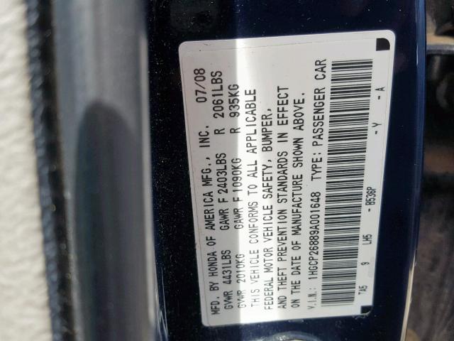 1HGCP26889A001648 - 2009 HONDA ACCORD EXL BLUE photo 10