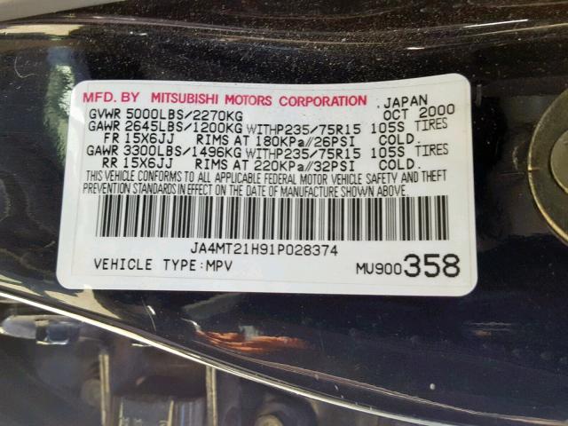 JA4MT21H91P028374 - 2001 MITSUBISHI MONTERO SP BLACK photo 10