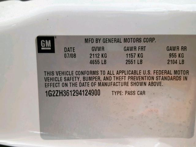 1G2ZH361294124900 - 2009 PONTIAC G6 GT WHITE photo 10