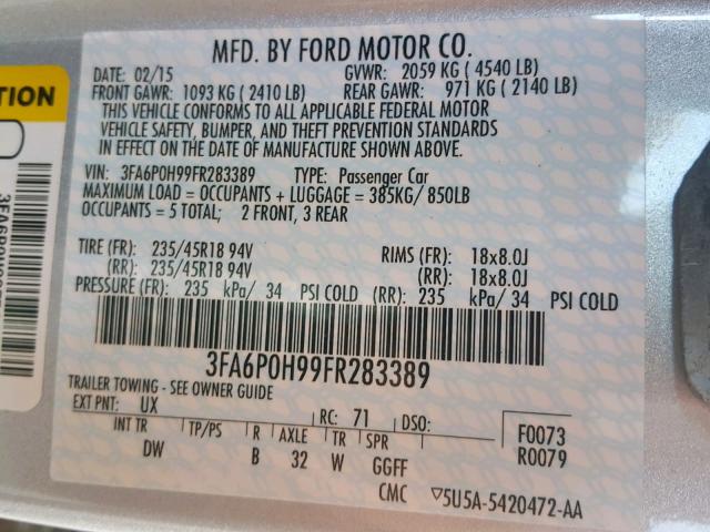 3FA6P0H99FR283389 - 2015 FORD FUSION SE SILVER photo 10