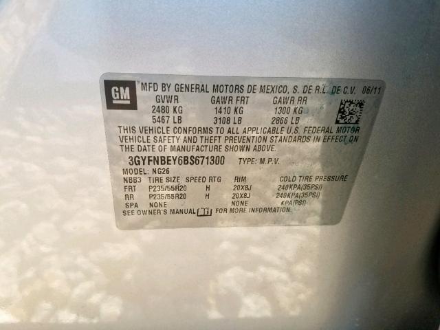 3GYFNBEY6BS671300 - 2011 CADILLAC SRX PERFOR ვერცხლისფერი ფოტო 10