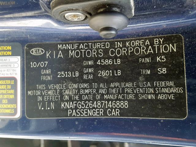 KNAFG526487146888 - 2008 KIA RONDO LX BLUE photo 10