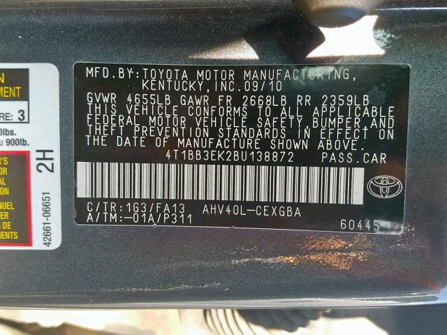 4T1BB3EK2BU138872 - 2011 TOYOTA CAMRY HYBR GRAY photo 10