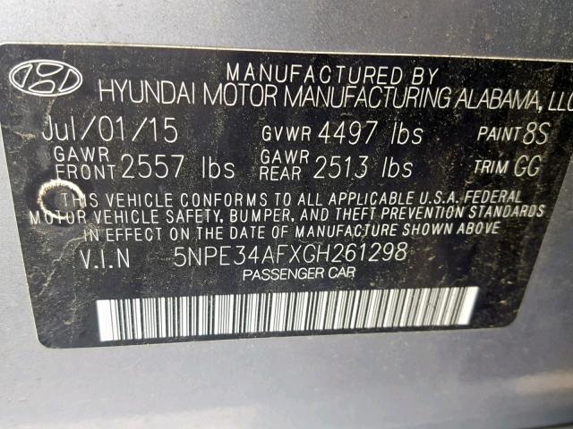 5NPE34AFXGH261298 - 2016 HYUNDAI SONATA SPO SILVER photo 10