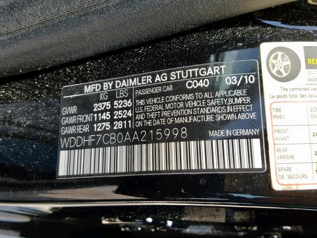 WDDHF7CB0AA215998 - 2010 MERCEDES-BENZ E 550 BLACK photo 10