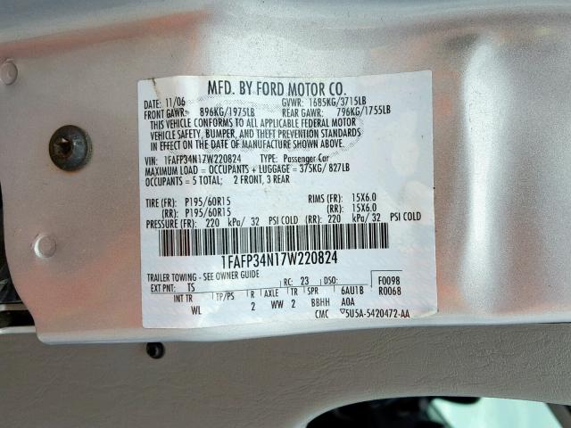 1FAFP34N17W220824 - 2007 FORD FOCUS ZX4 SILVER photo 10