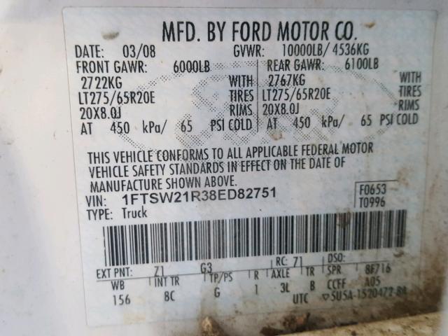 1FTSW21R38ED82751 - 2008 FORD F250 SUPER WHITE photo 10