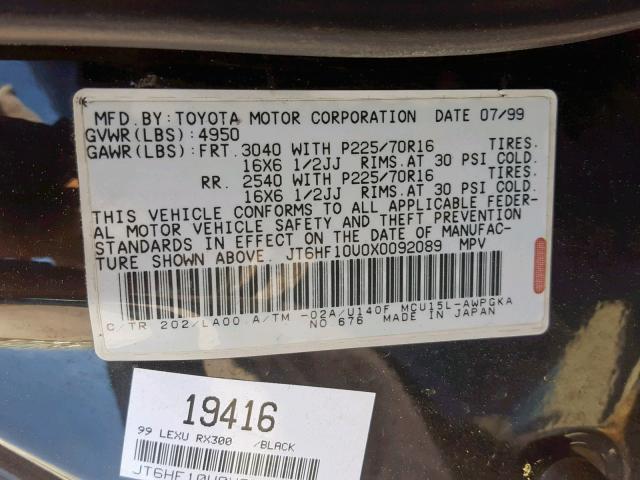 JT6HF10U0X0092089 - 1999 LEXUS RX 300 BLACK photo 10