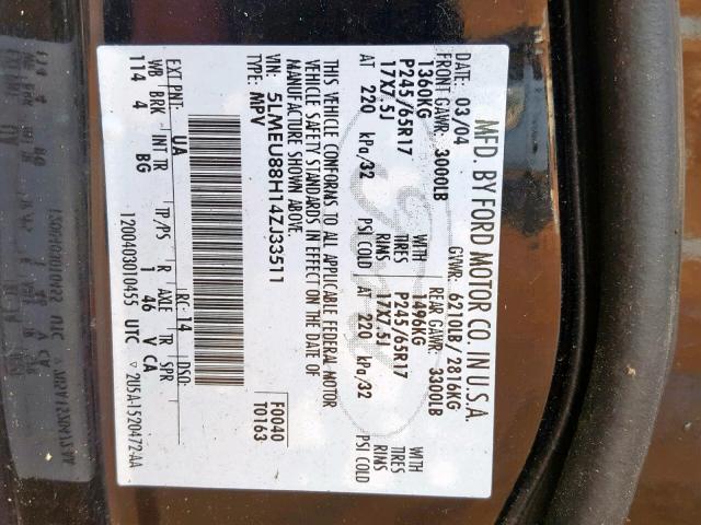 5LMEU88H14ZJ33511 - 2004 LINCOLN AVIATOR შავი ფოტო 10