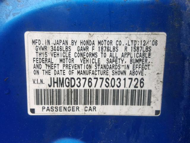 JHMGD37677S031726 - 2007 HONDA FIT S Mavi foto 10