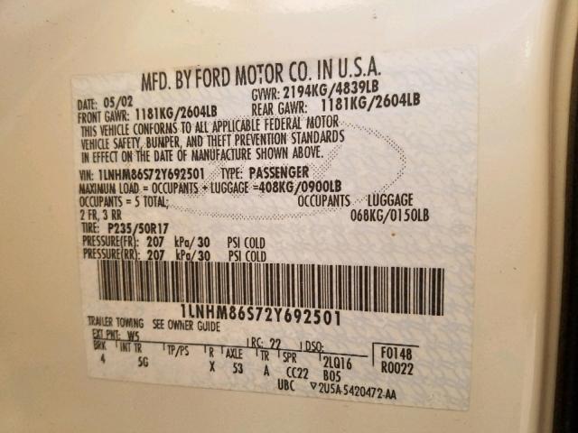 1LNHM86S72Y692501 - 2002 LINCOLN LS 白色 照片 10