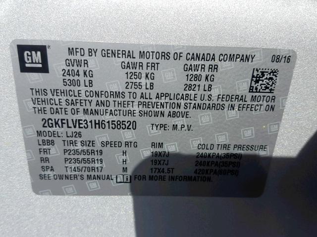 2GKFLVE31H6158520 - 2017 GMC TERRAIN DE SILVER photo 10