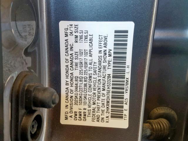 2HKRM3H76EH533284 - 2014 HONDA CR-V EXL GRAY photo 10