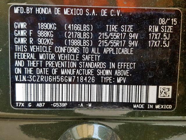 3CZRU6H56GM718426 - 2016 HONDA HR-V EX GREEN photo 10