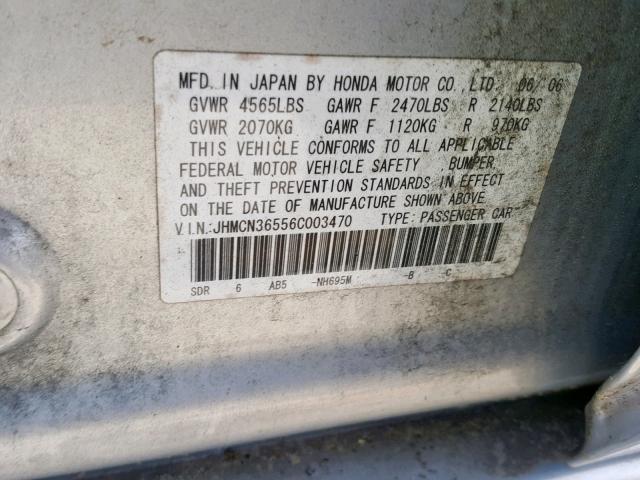 JHMCN36556C003470 - 2006 HONDA ACCORD HYB SILVER photo 10