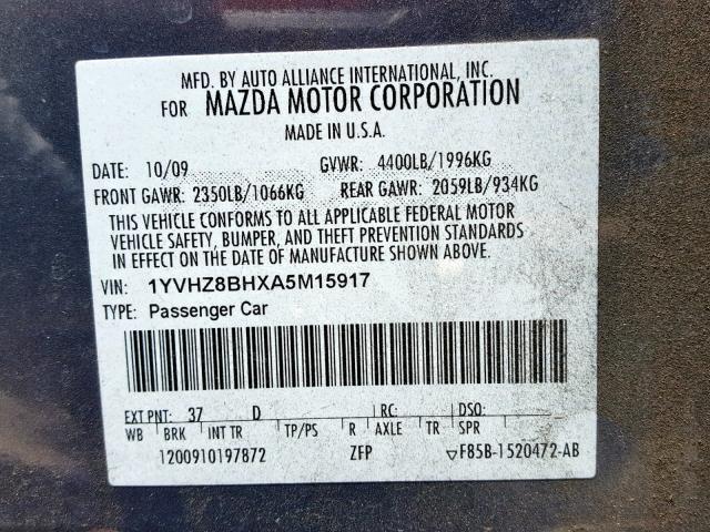 1YVHZ8BHXA5M15917 - 2010 MAZDA 6 I GRAY photo 10