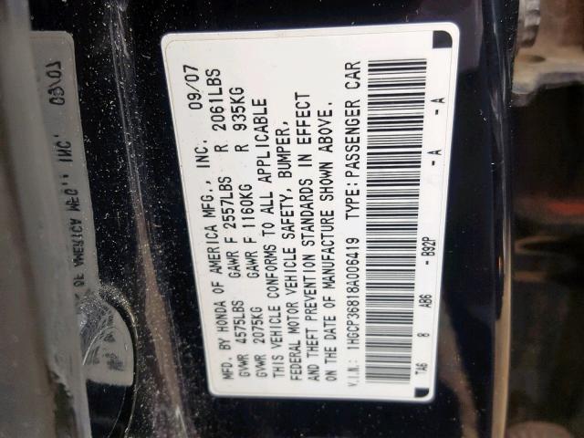 1HGCP36818A006419 - 2008 HONDA ACCORD EXL BLACK photo 10